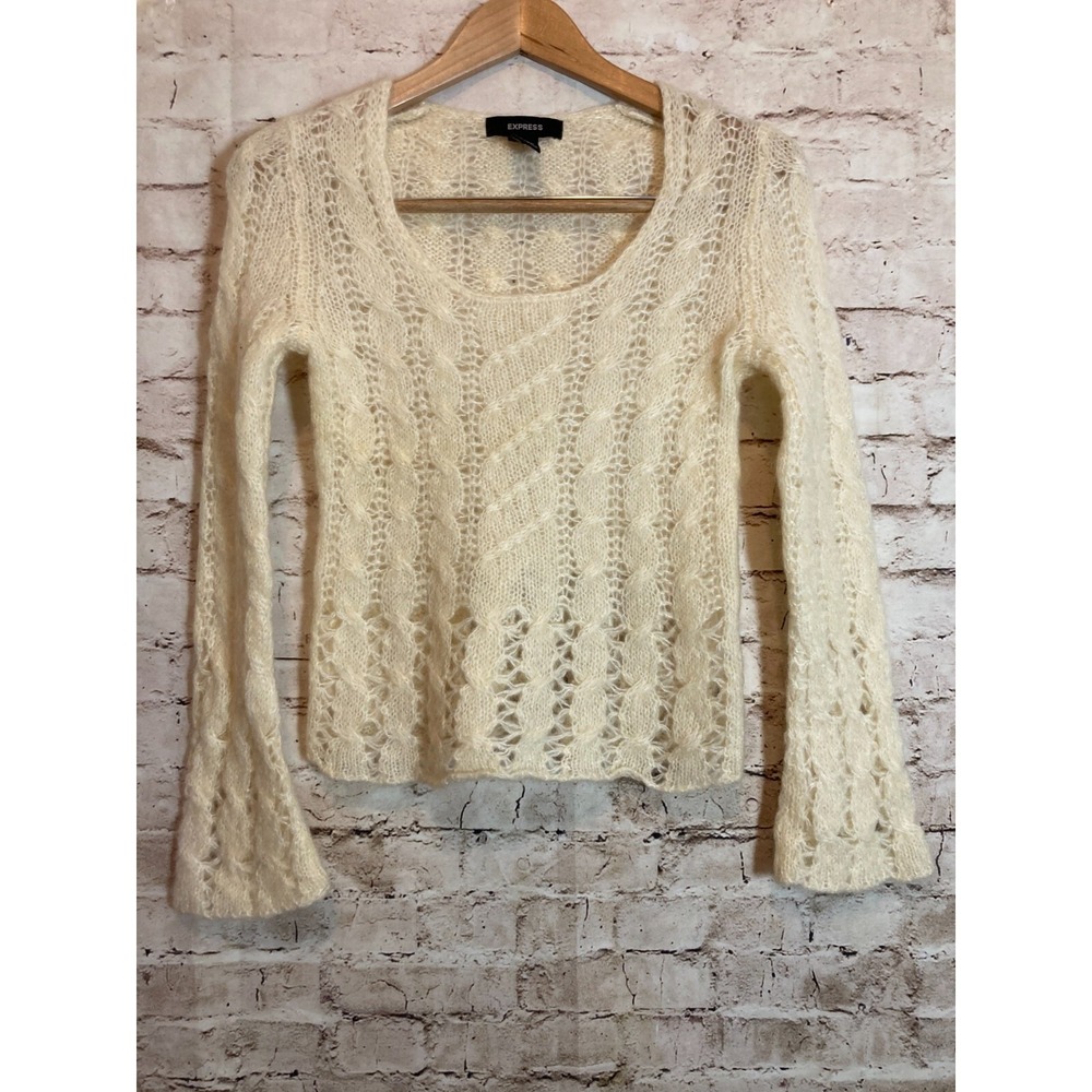 Vintage Express Coquette Sweater XS Cream Mohair Wool Sheer Bell Sleeve Pullover